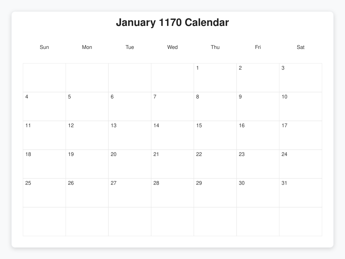 Printable January 1170 Calendars