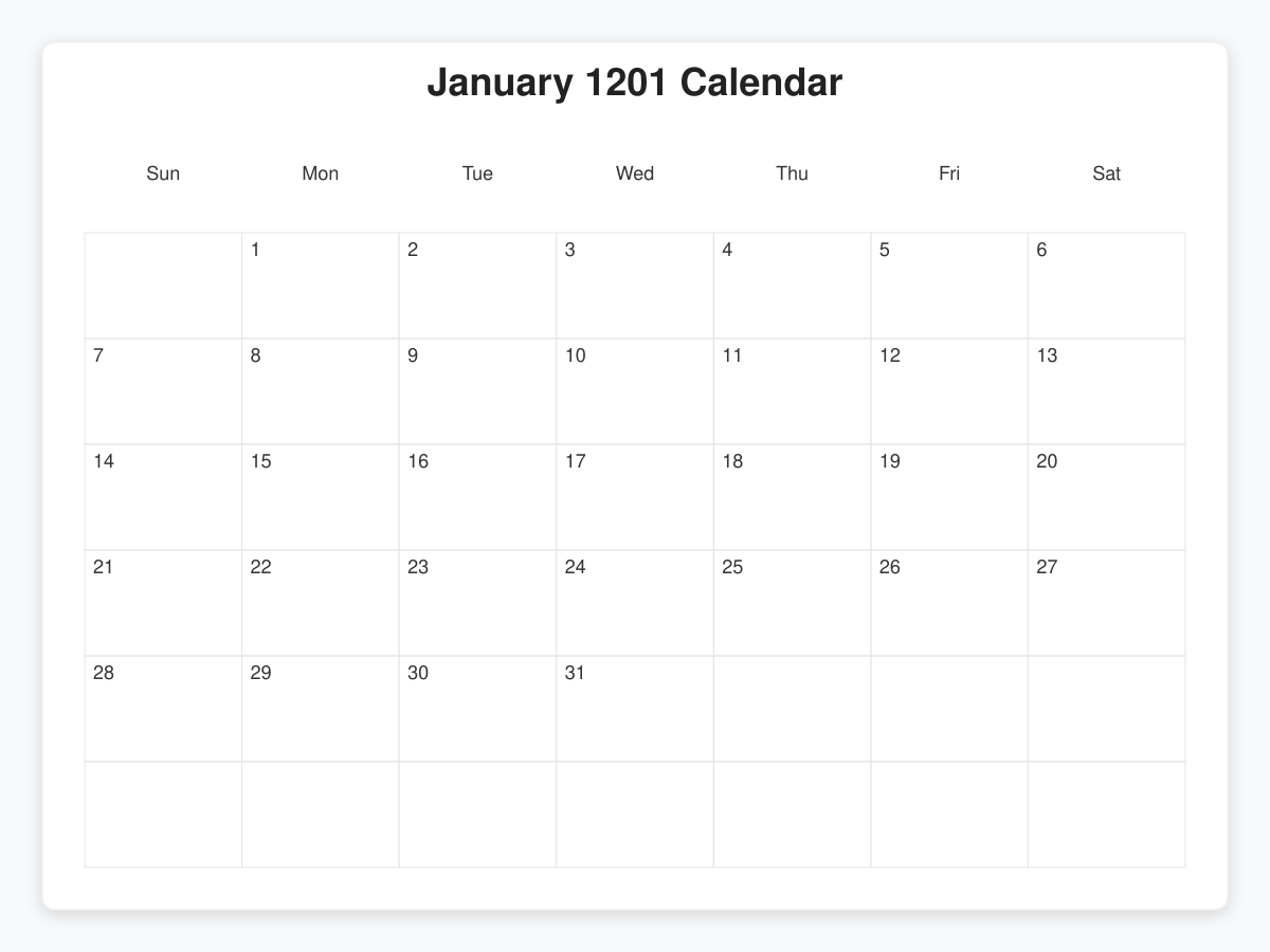 Printable January 1201 Calendars
