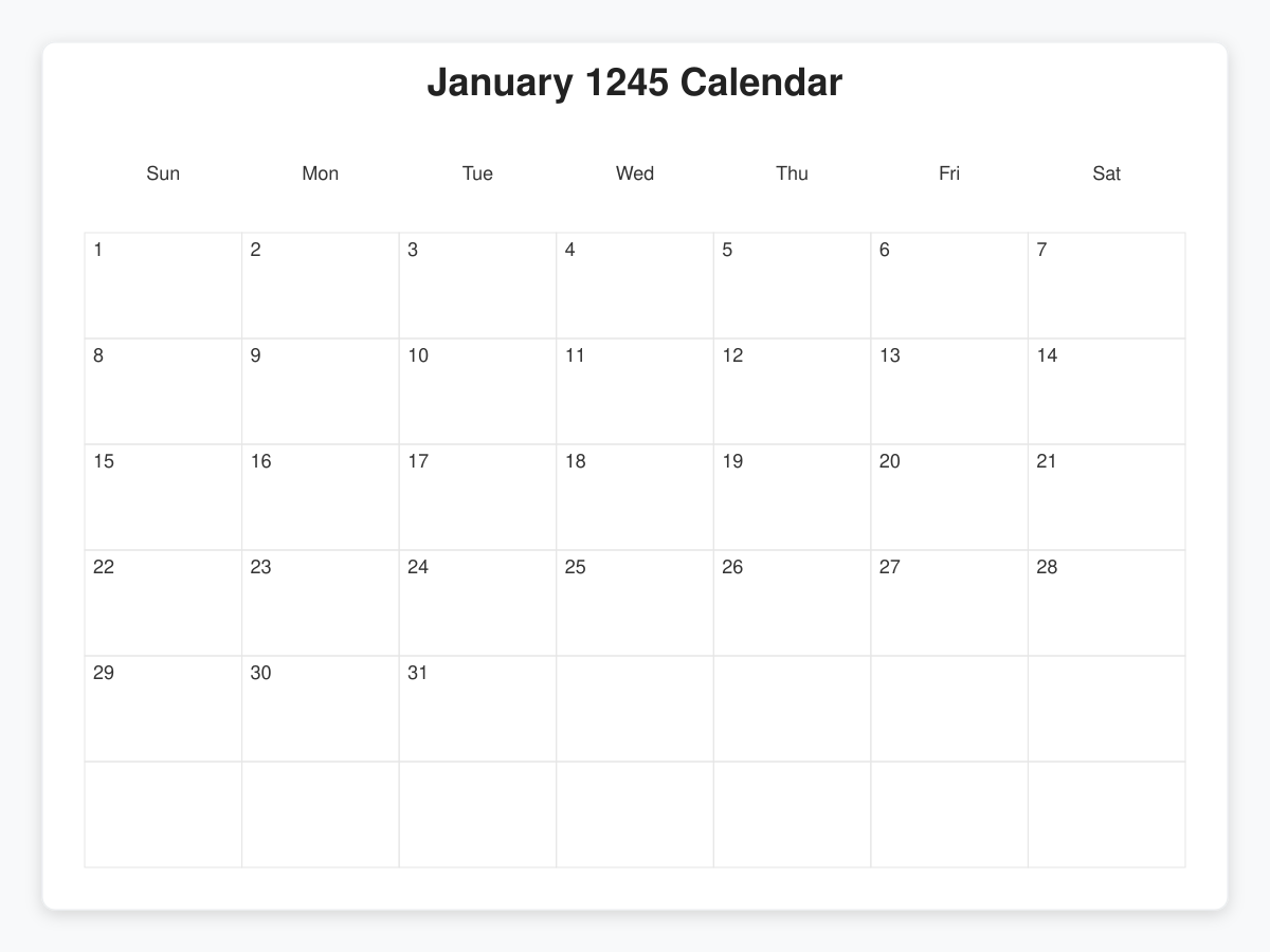 Printable January 1245 Calendars