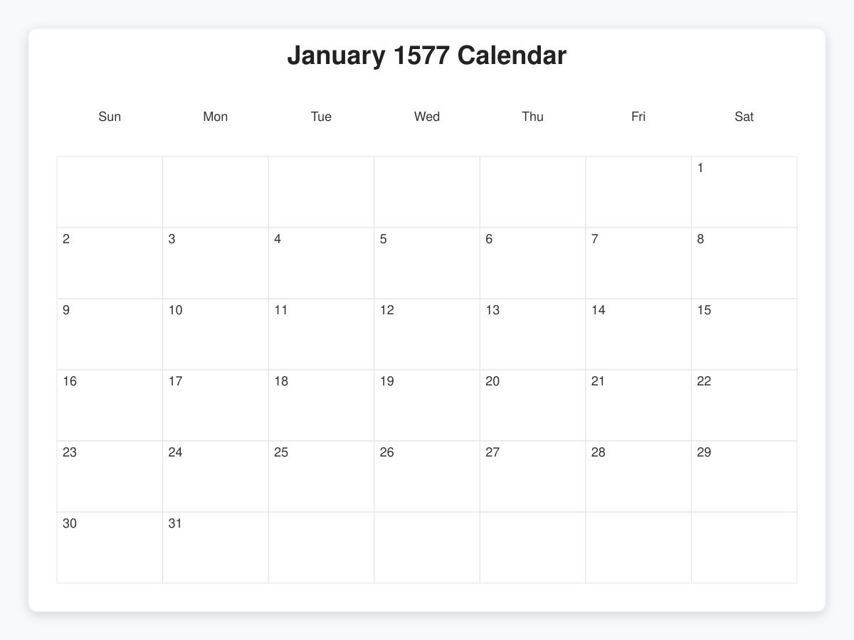Printable January 1577 Calendars