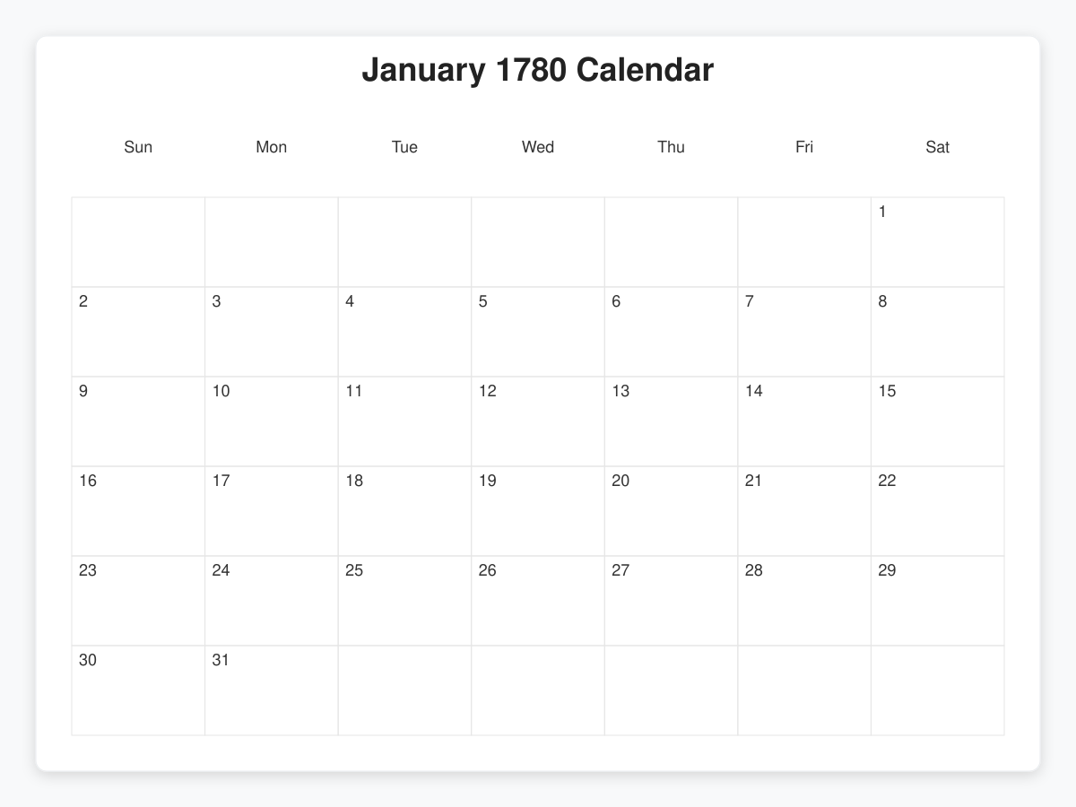 Printable January 1780 Calendars