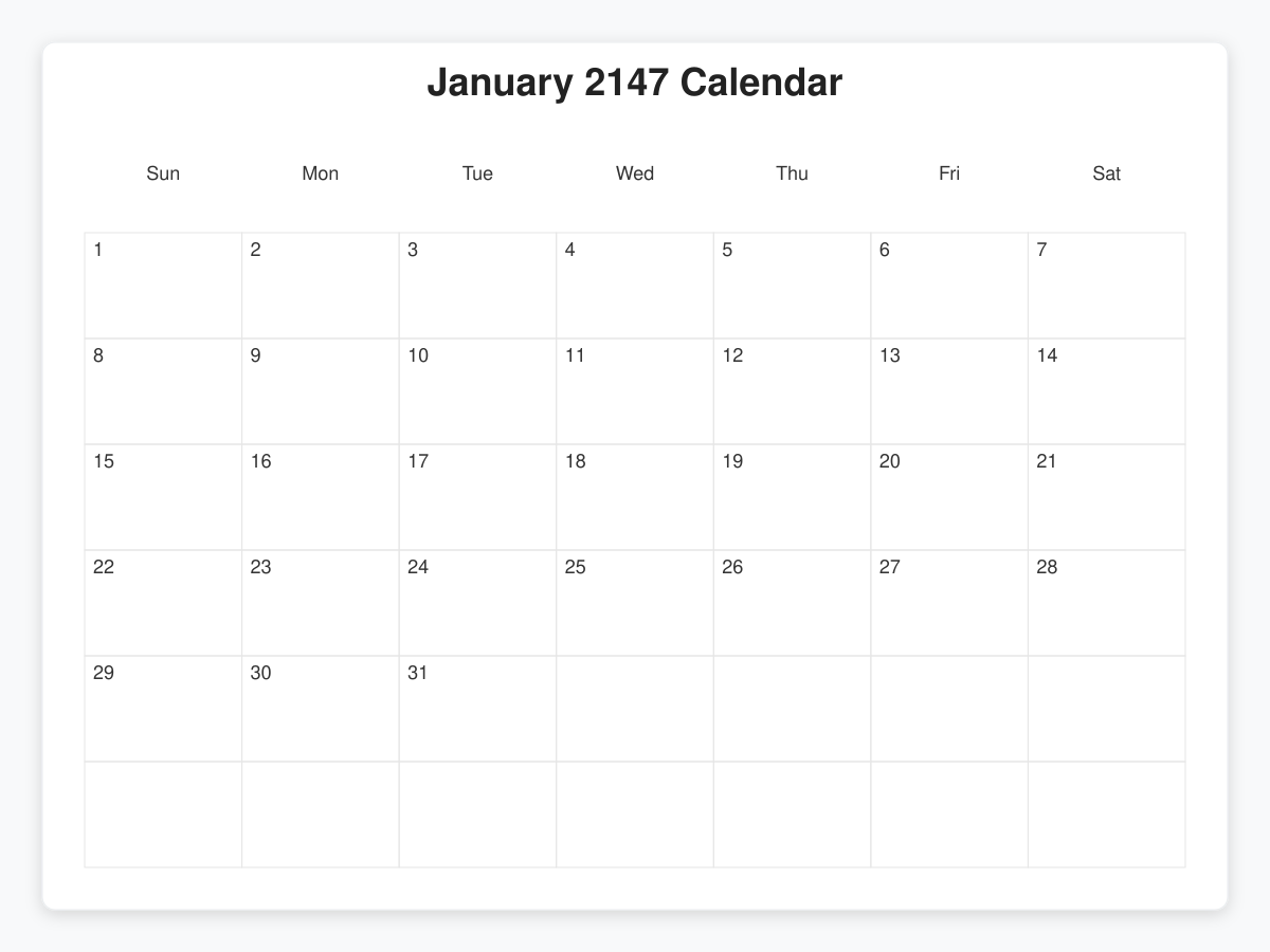 Printable January 2147 Calendars