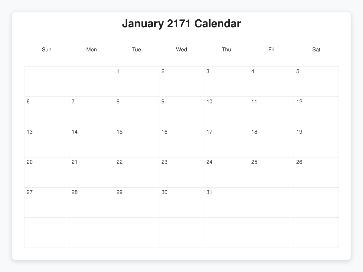 Printable January 2171 Calendars