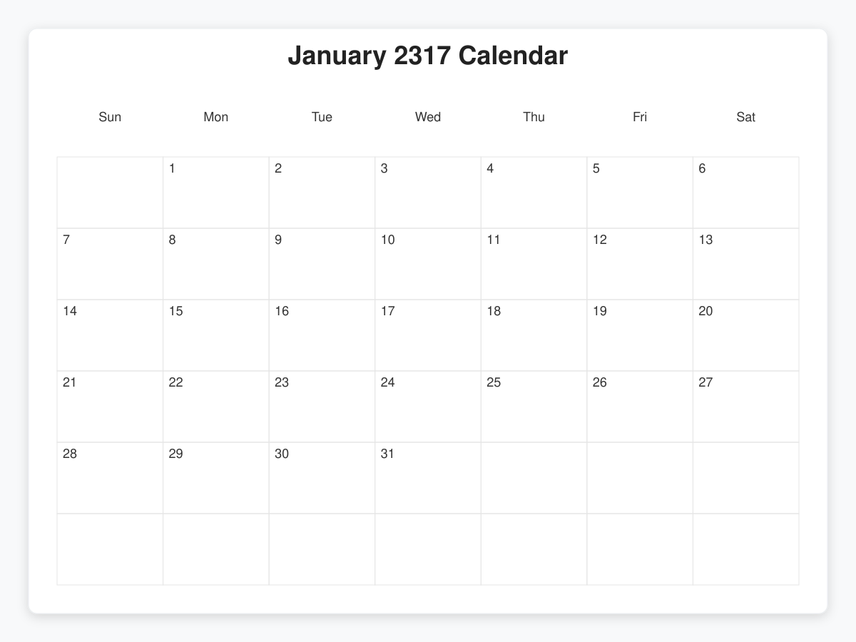 Printable January 2317 Calendars