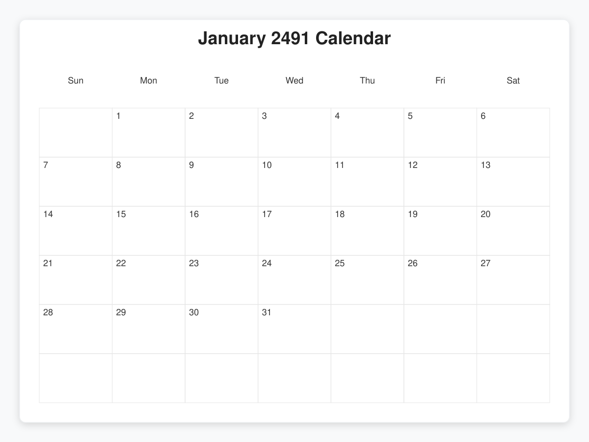 Printable January 2491 Calendars
