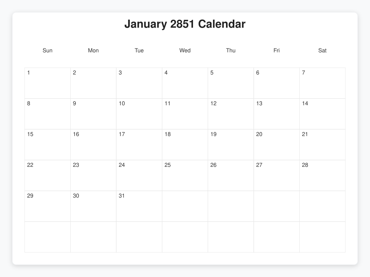 Printable January 2851 Calendars