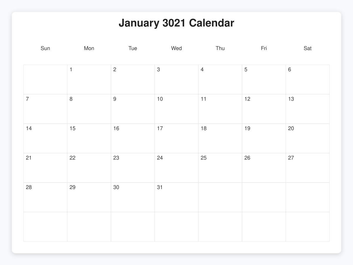 Printable January 3021 Calendars