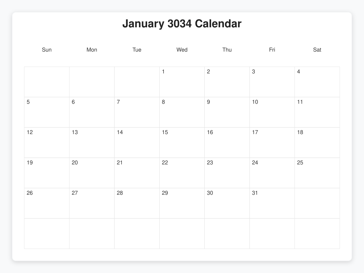 Printable January 3034 Calendars