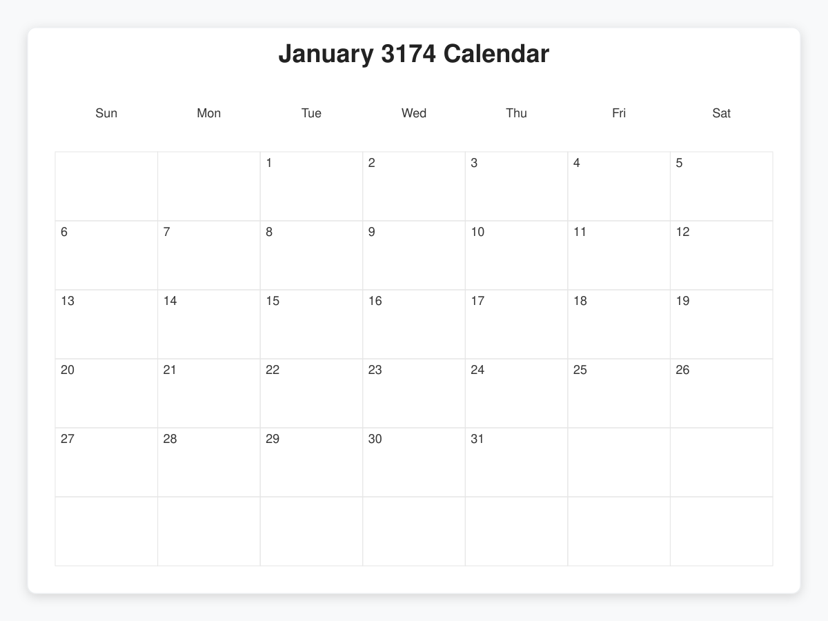 Printable January 3174 Calendars