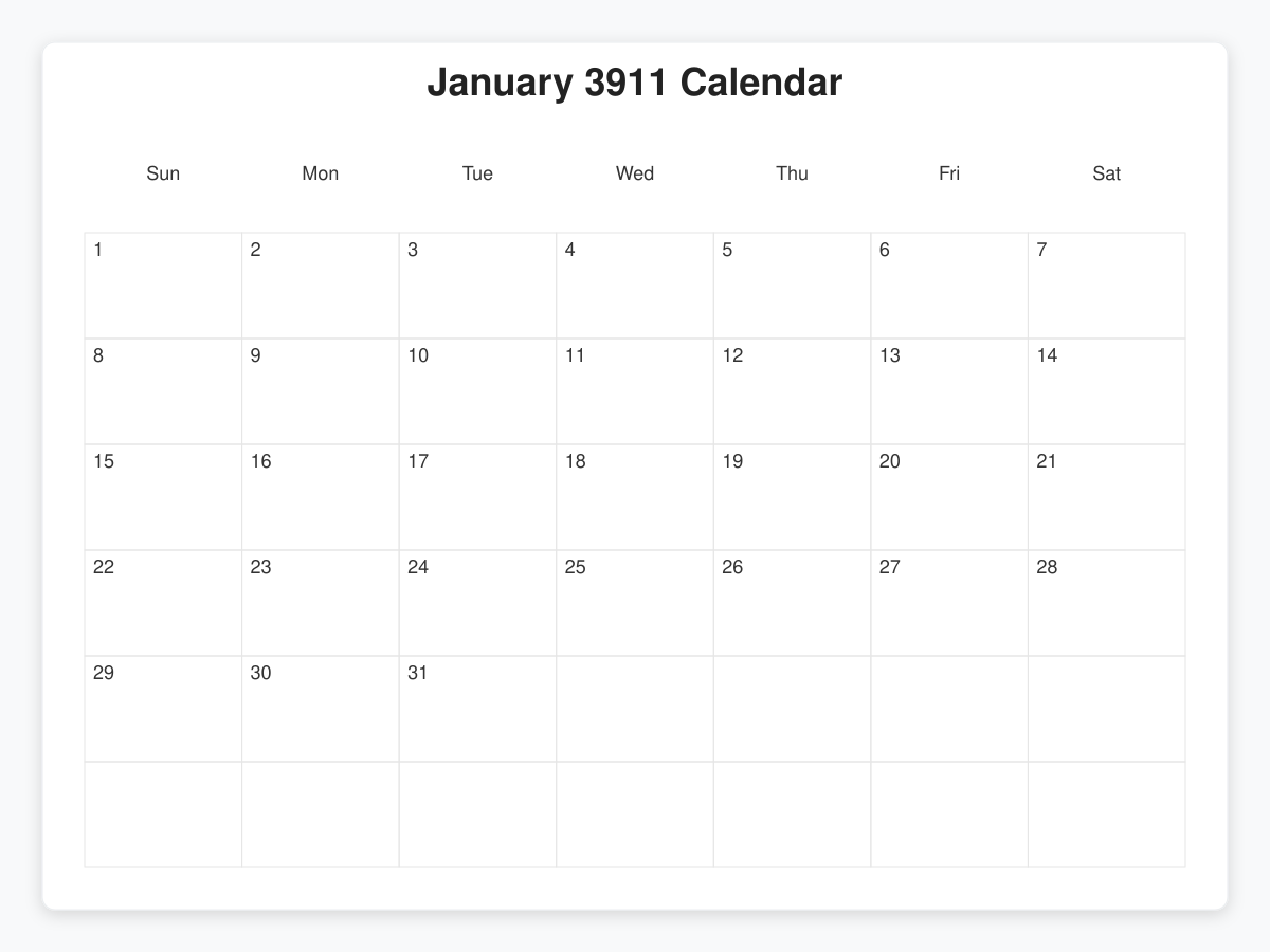 Printable January 3911 Calendars