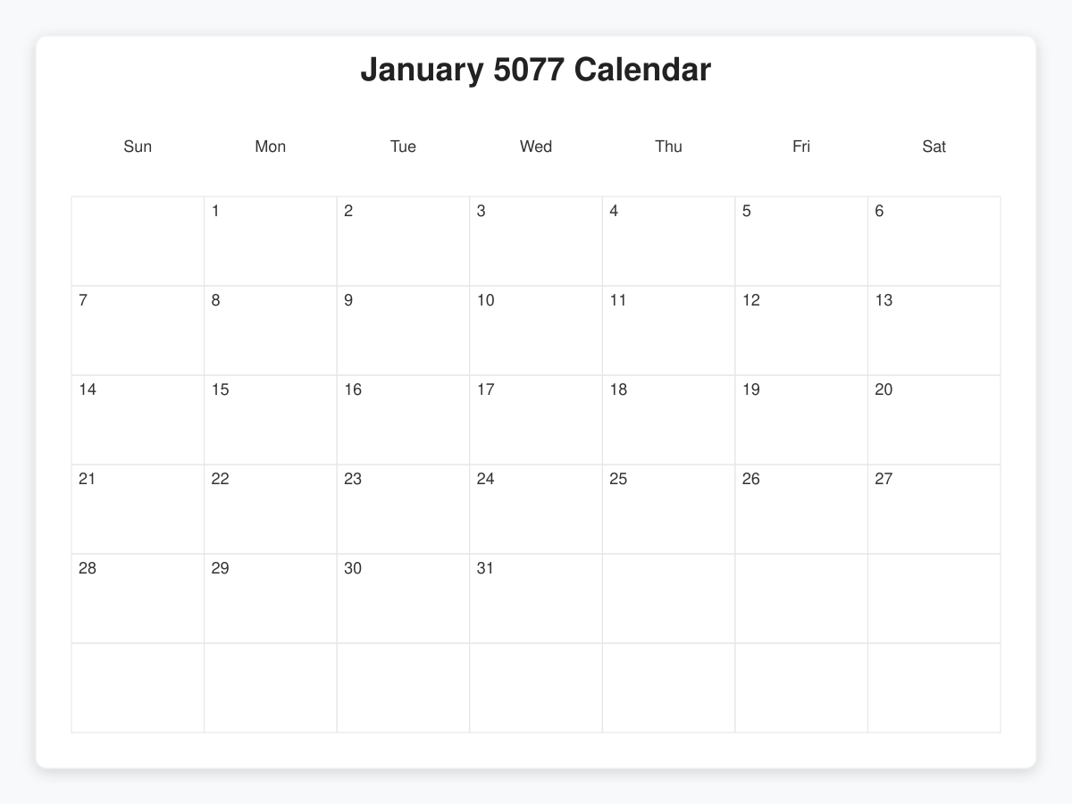 Printable January 5077 Calendars