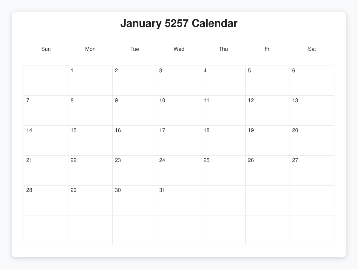 Printable January 5257 Calendars