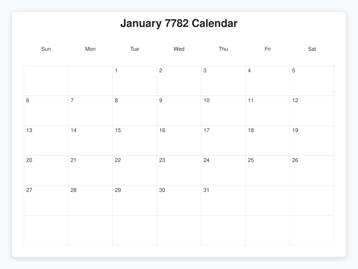 Printable January 7782 Calendars
