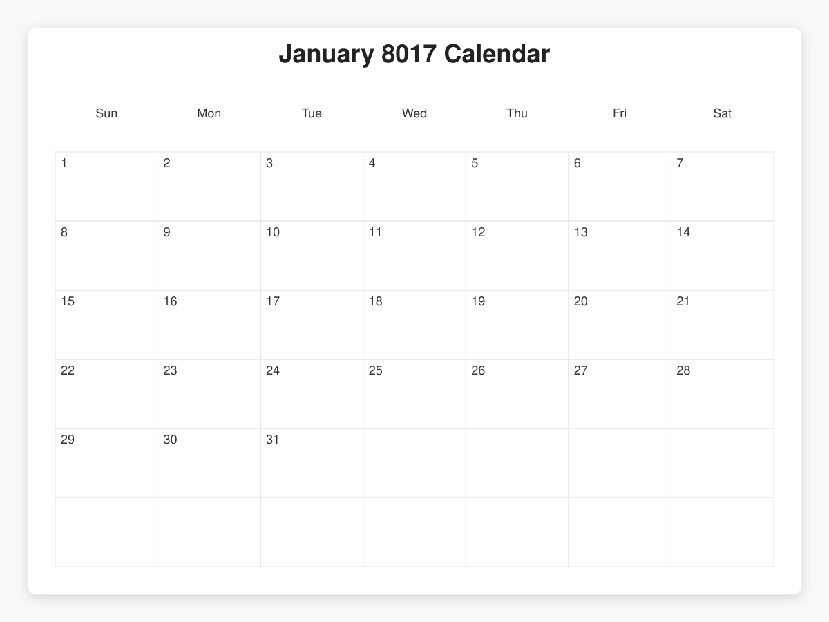 Printable January 8017 Calendars