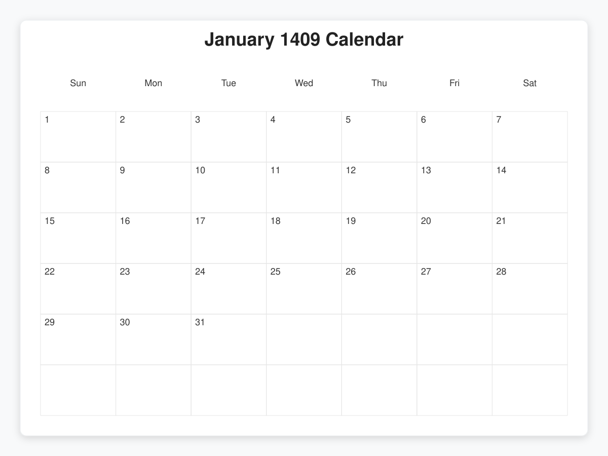 Printable January 1409 Calendars