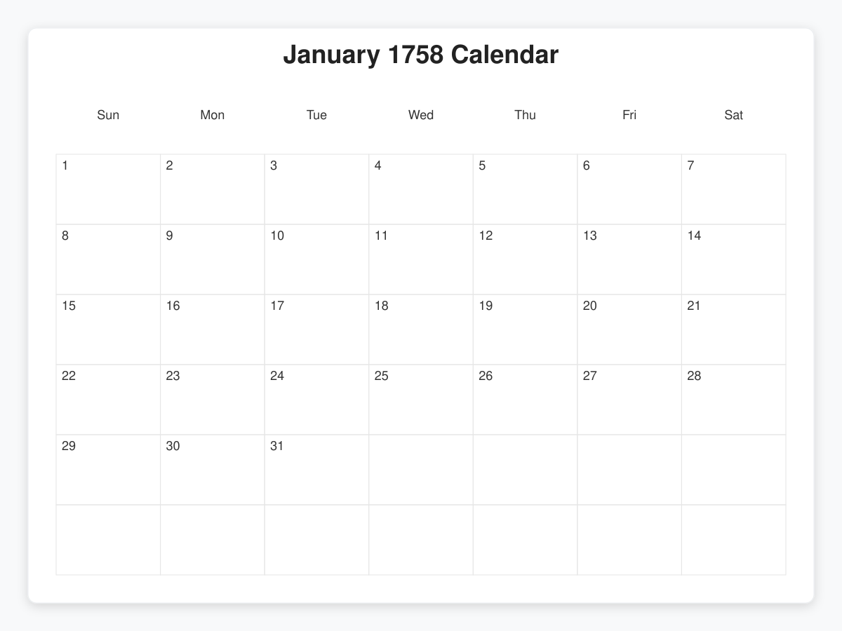 Printable January 1758 Calendars