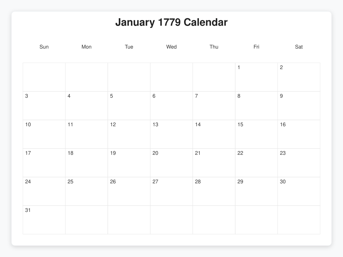 Printable January 1779 Calendars
