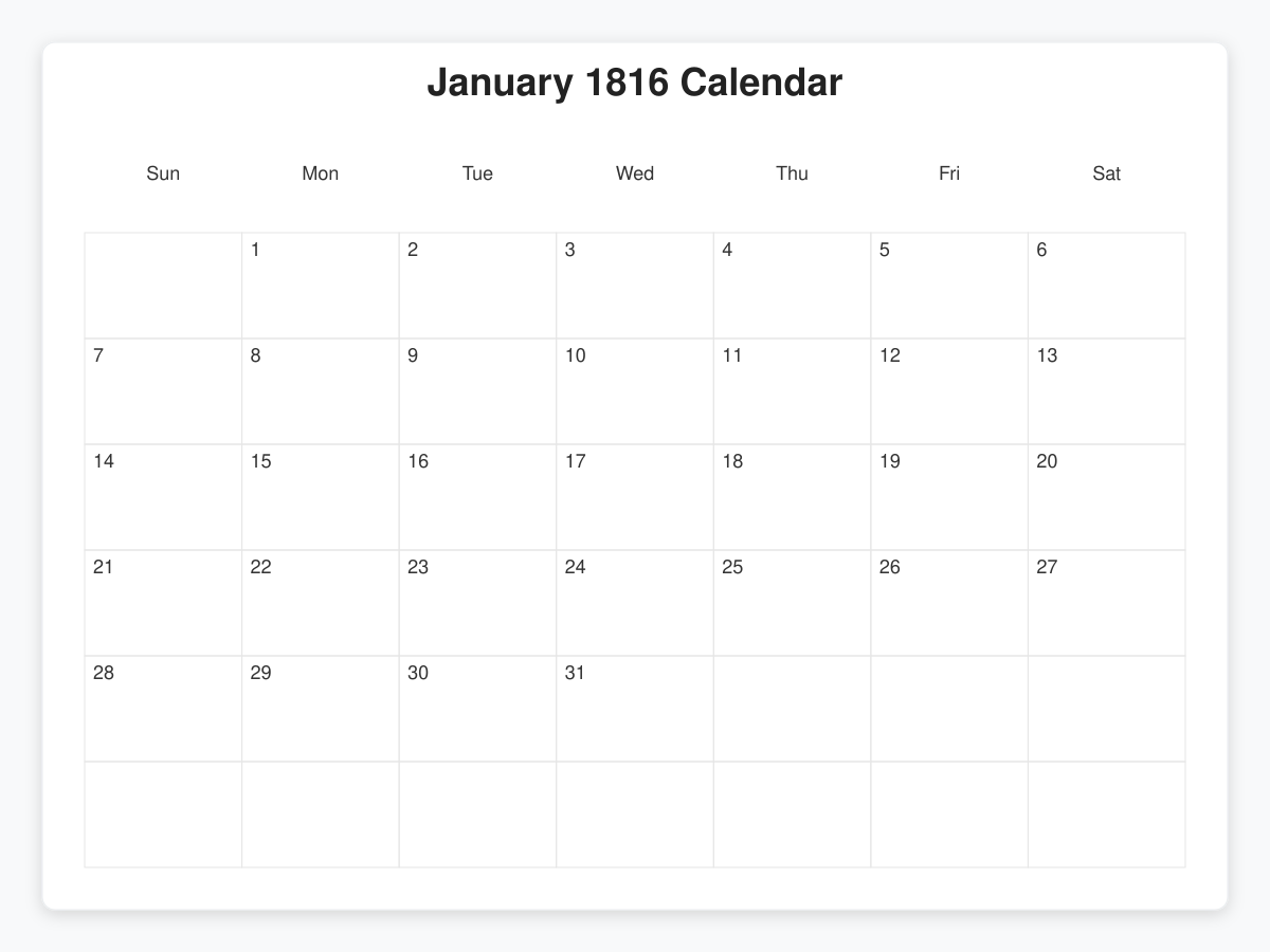 Printable January 1816 Calendars