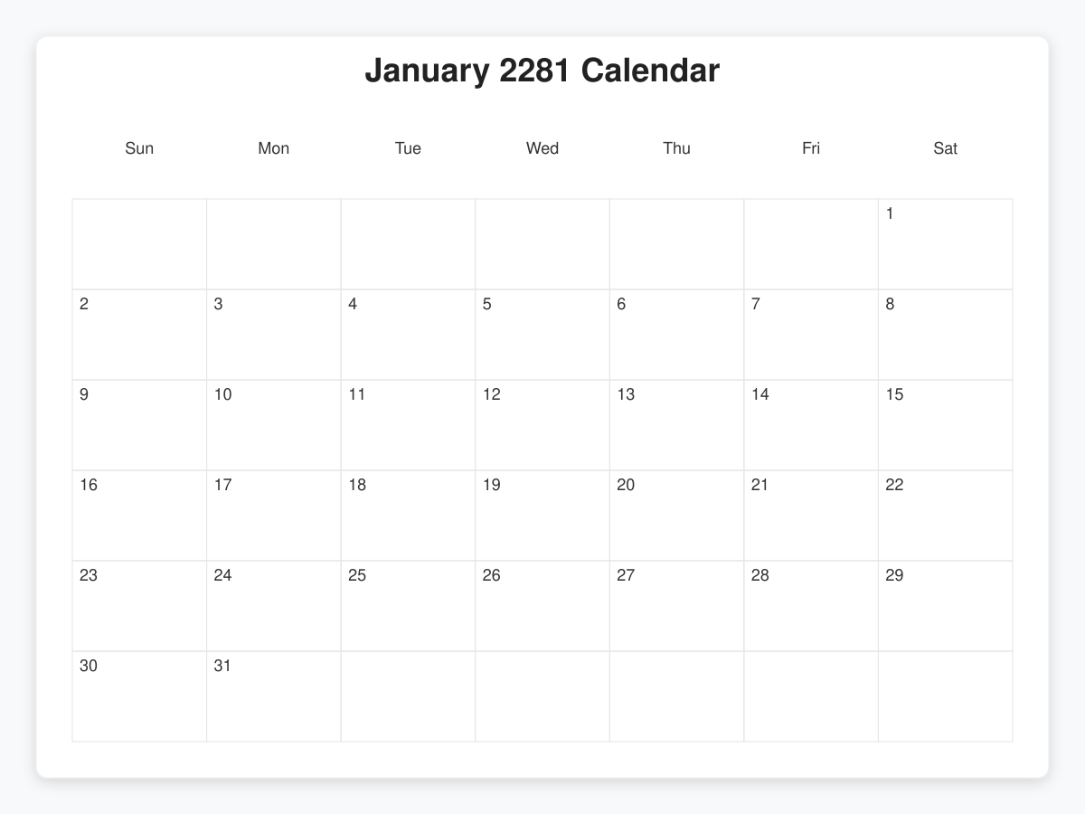 Printable January 2281 Calendars