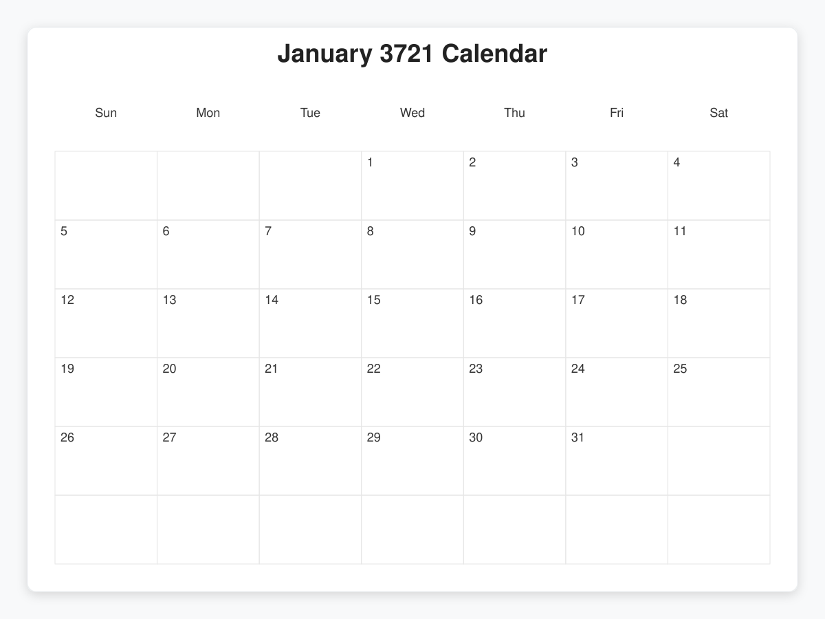 Printable January 3721 Calendars