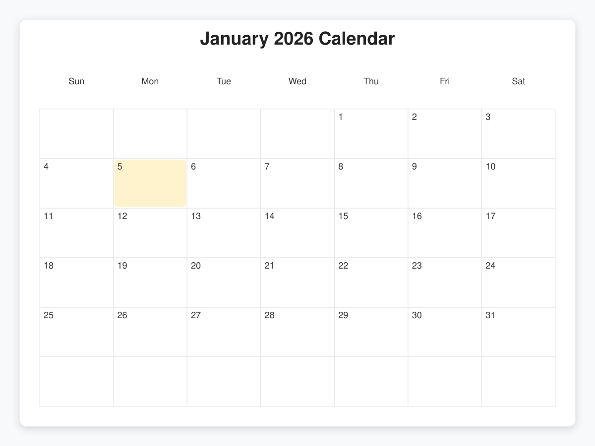 Printable January  Calendars