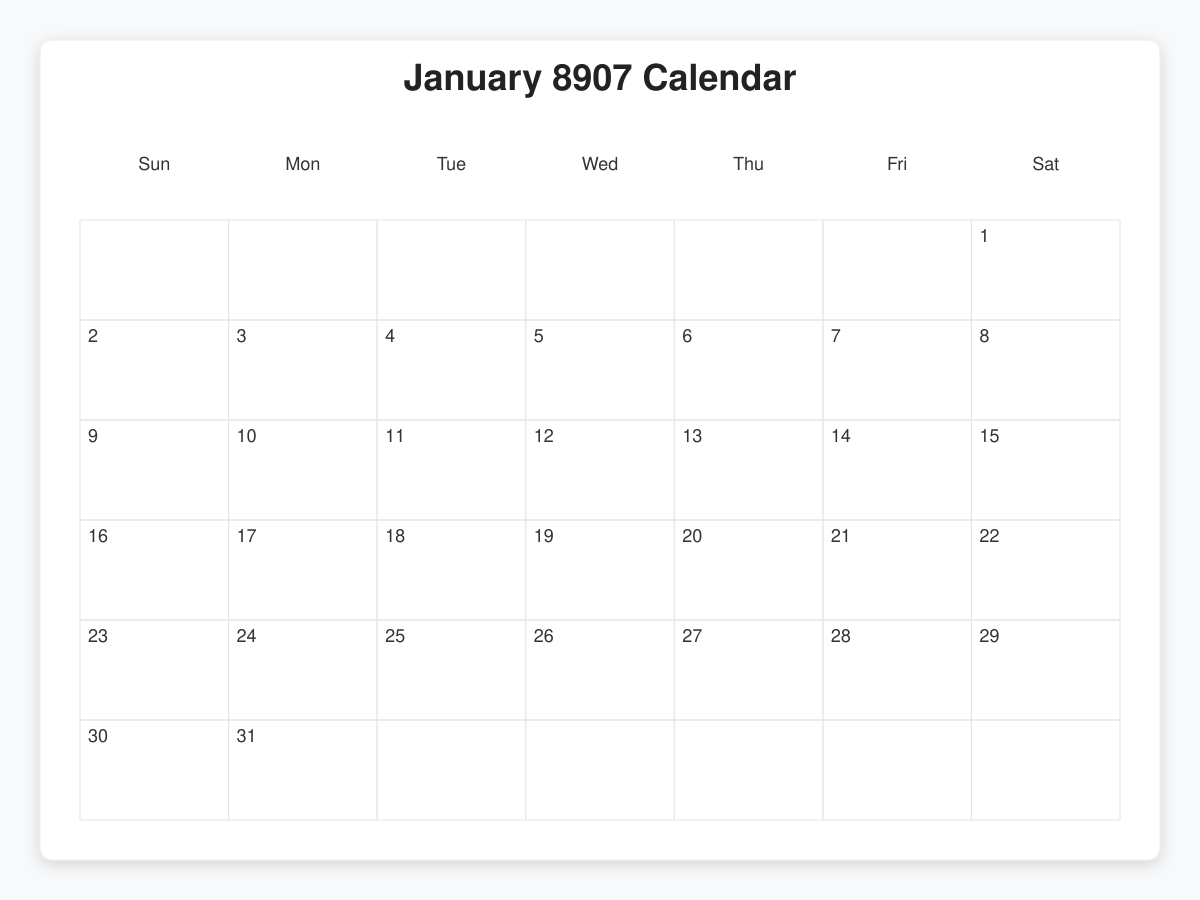 Printable January 8907 Calendars