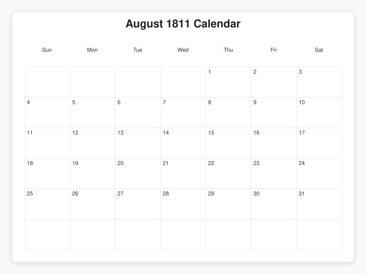 Printable August 1811 Calendars