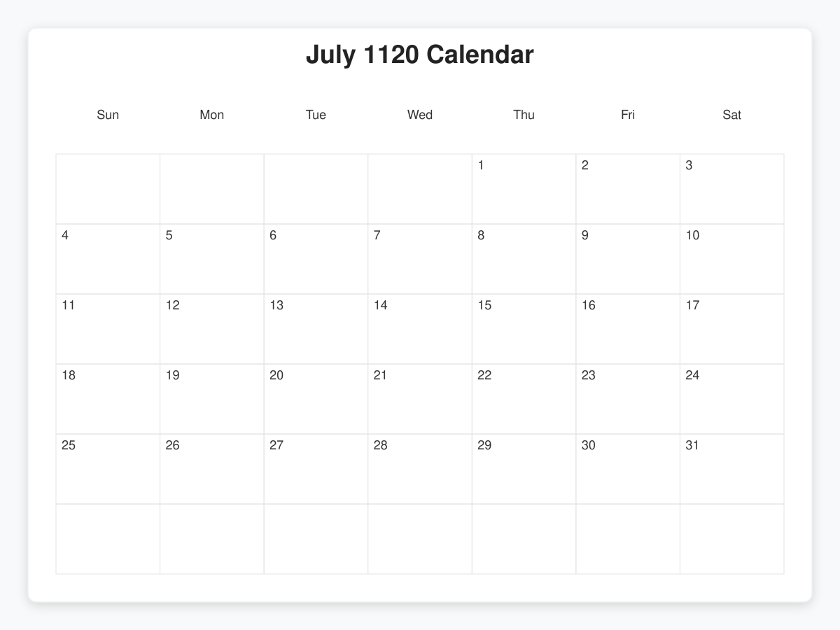 Printable July 1120 Calendars