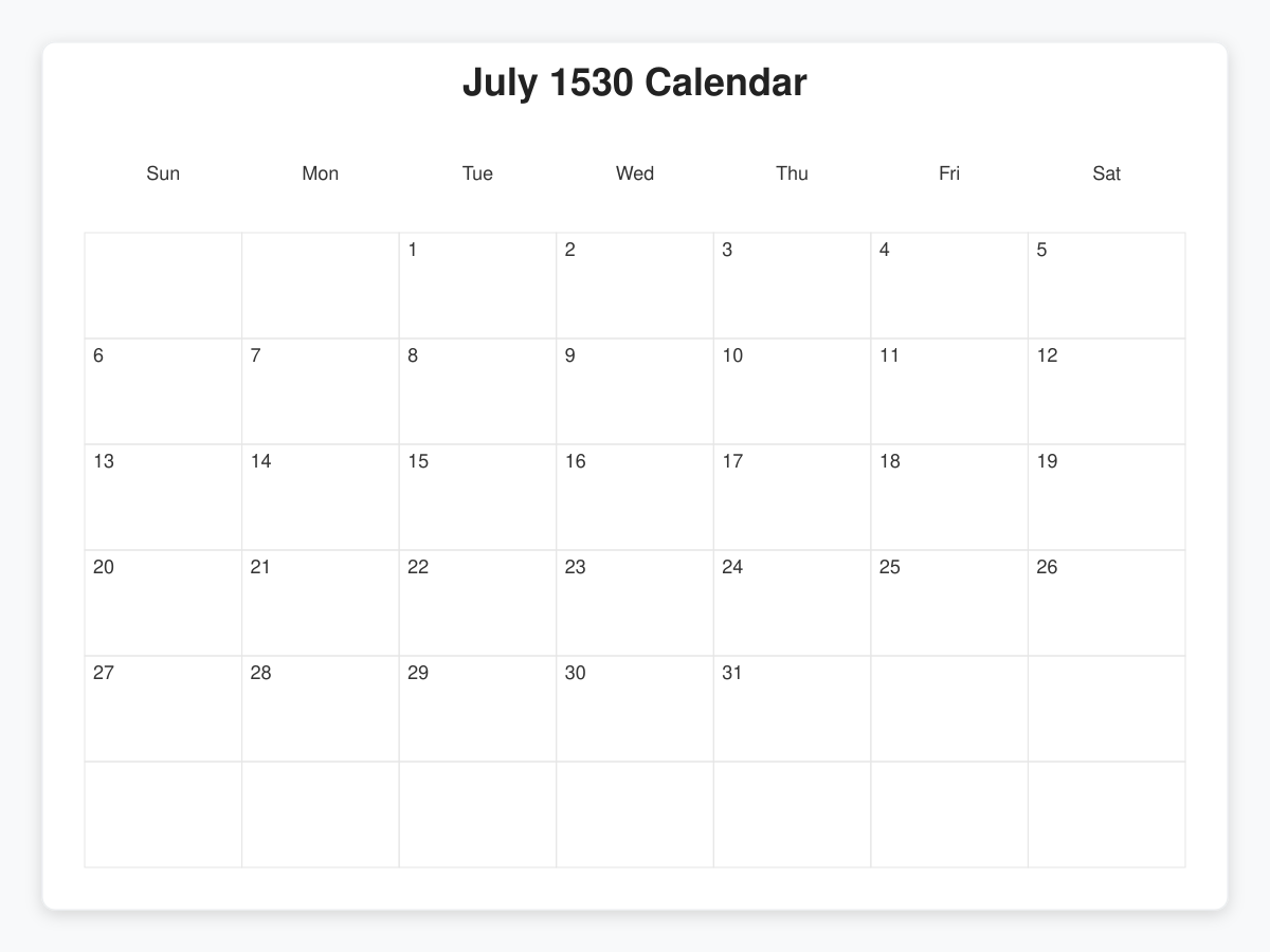 Printable July 1530 Calendars