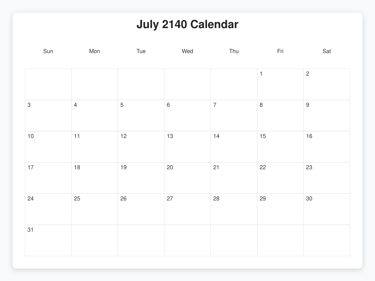 Printable July 2140 Calendars
