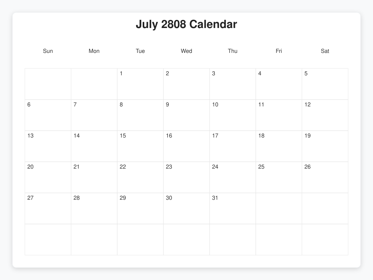 Printable July 2808 Calendars