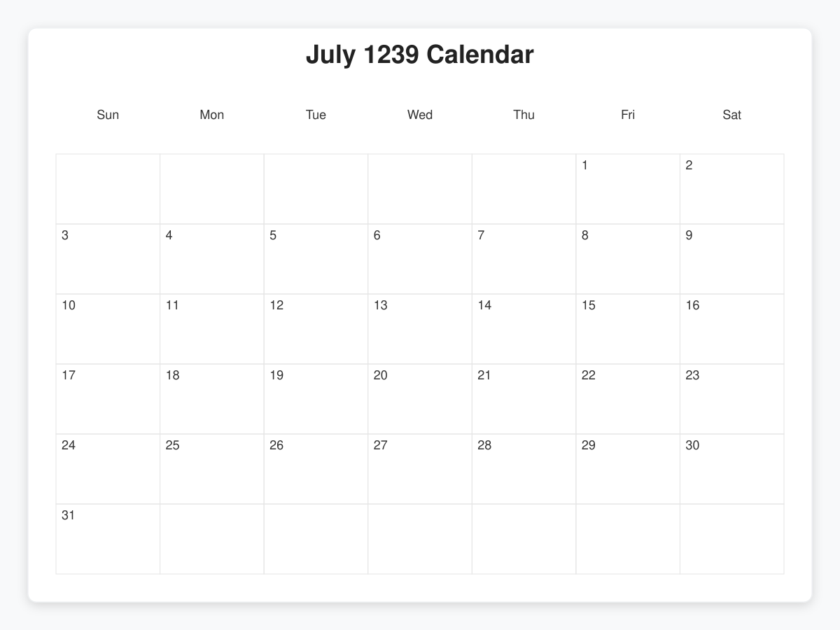 Printable July 1239 Calendars