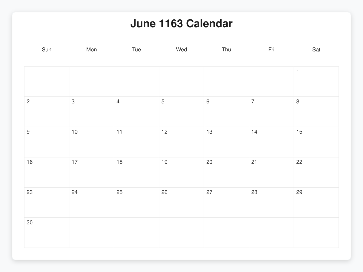 Printable June 1163 Calendars