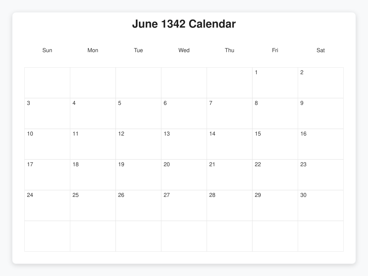 Printable June 1342 Calendars