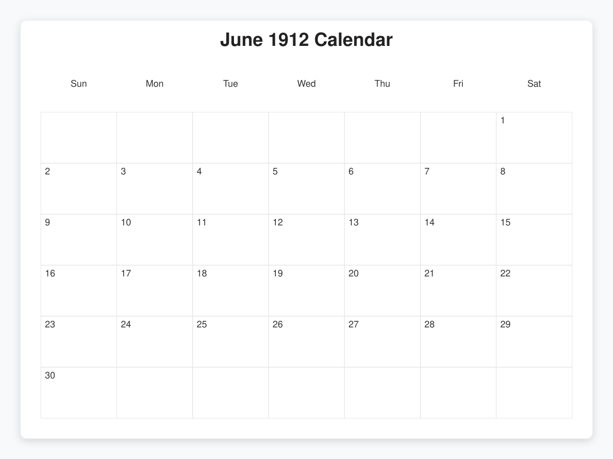 Printable June 1912 Calendars