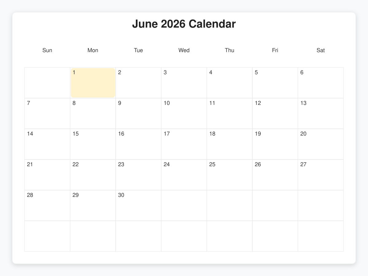 Printable June  Calendars