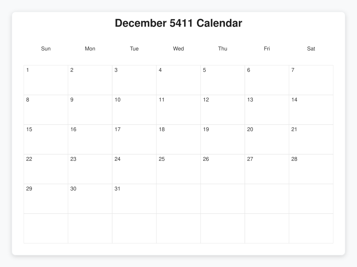 Printable December 5411 Calendars