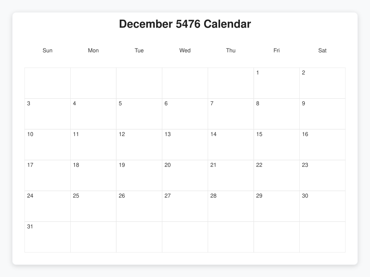 Printable December 5476 Calendars