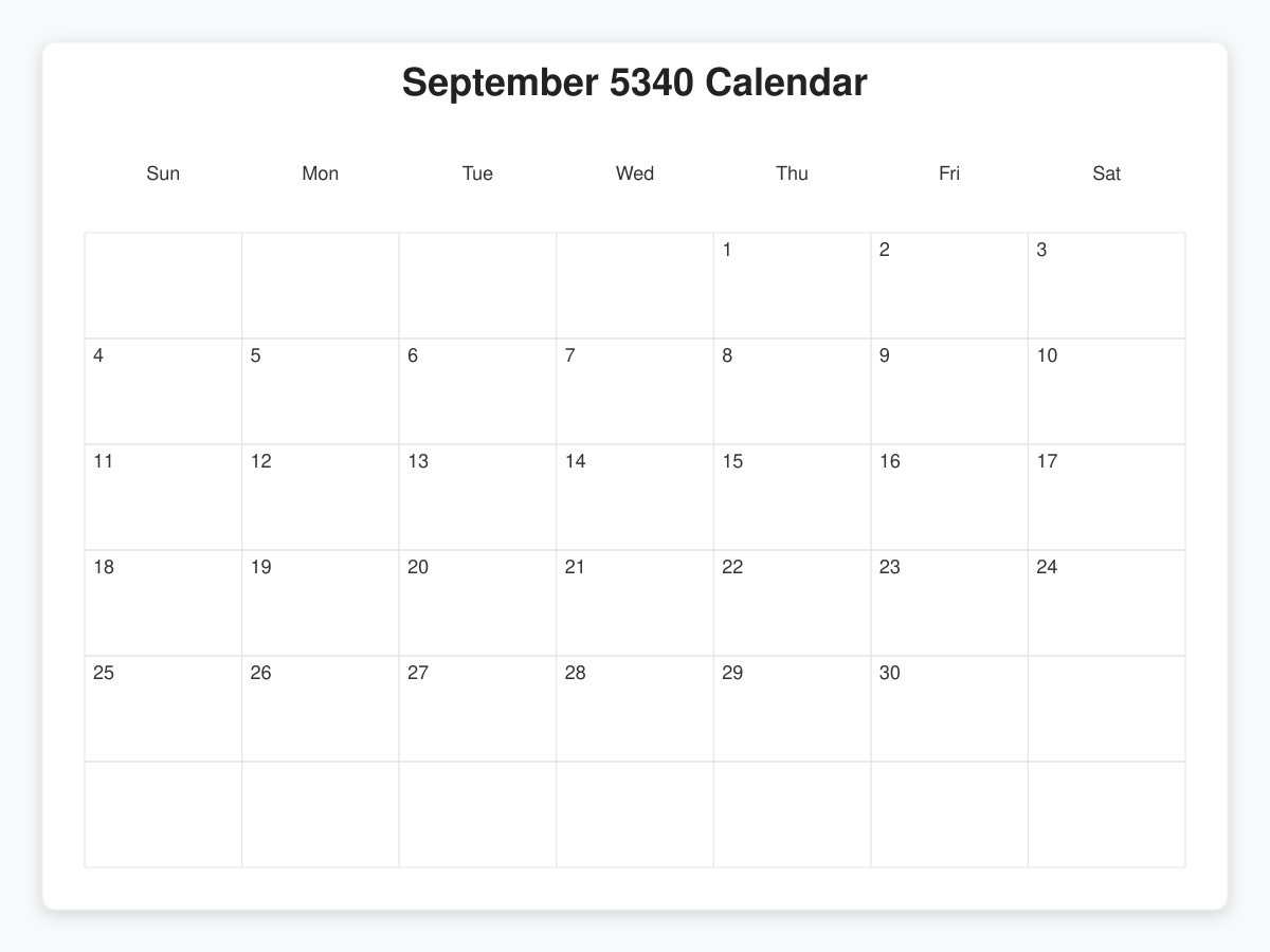 Printable September 5340 Calendars