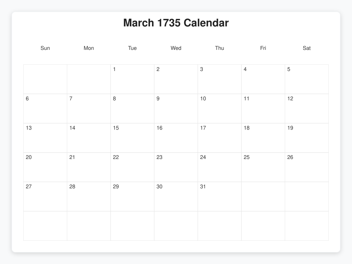 Printable January 1735 Calendars