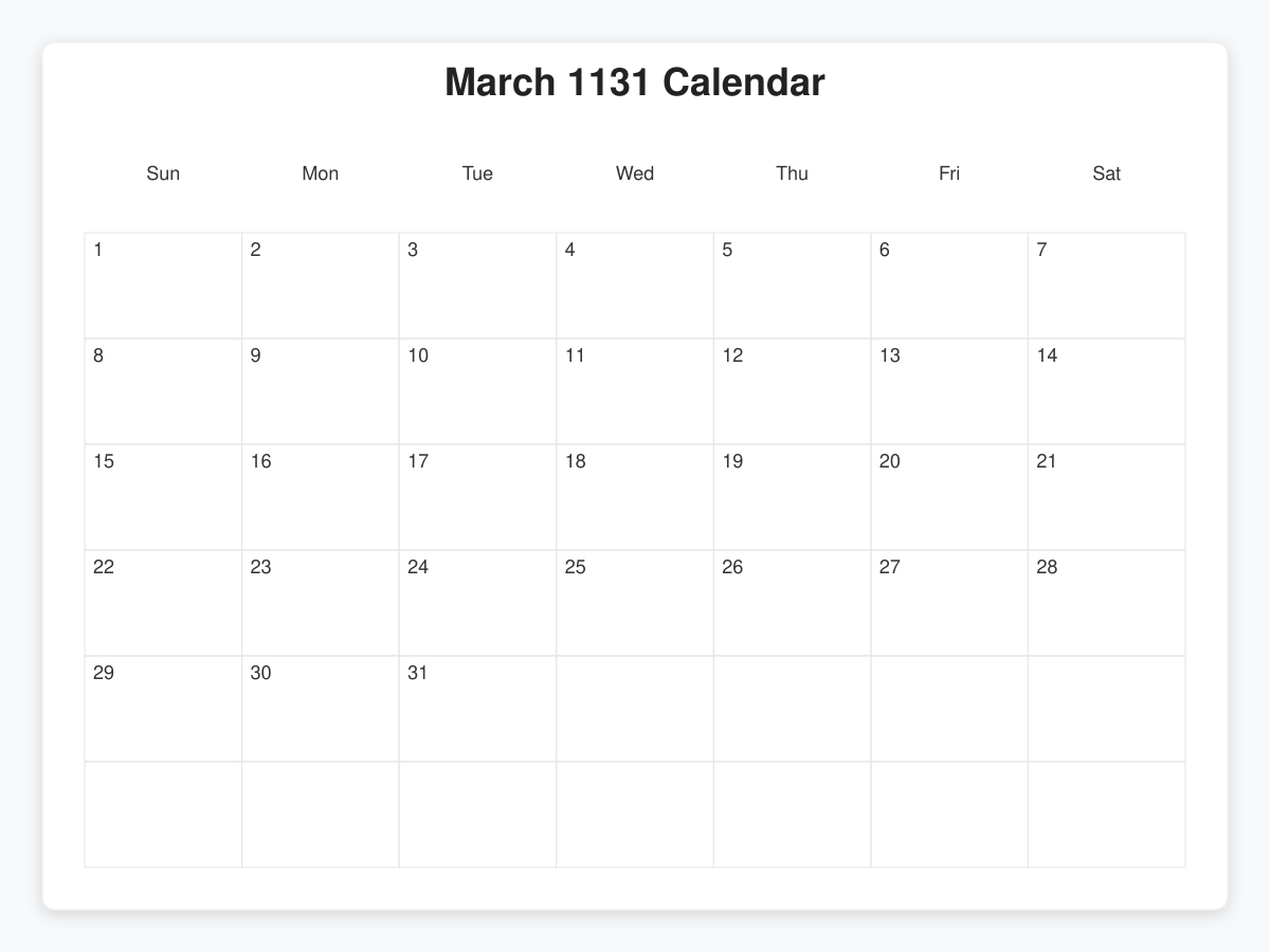 Printable March 1131 Calendars