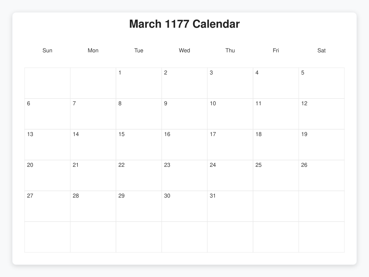 Printable March 1177 Calendars