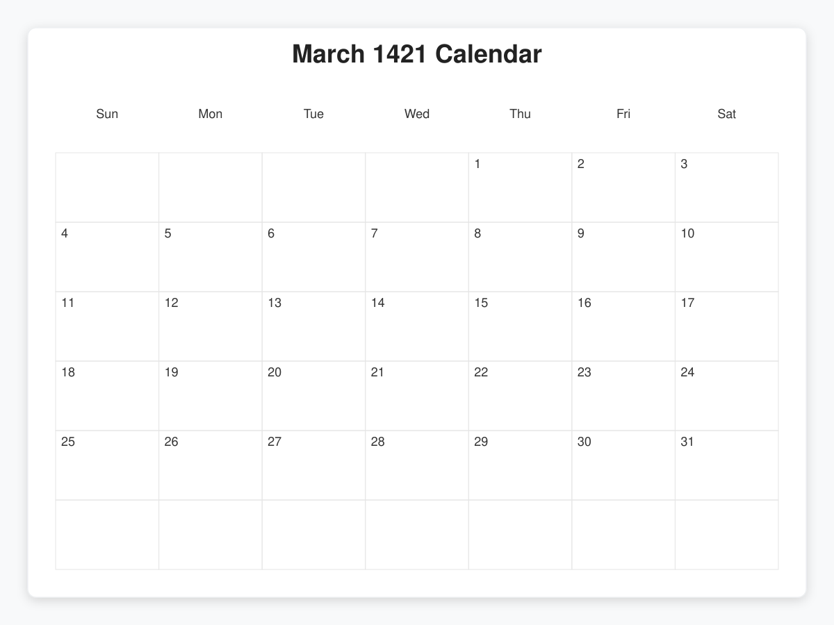 Printable March 1421 Calendars