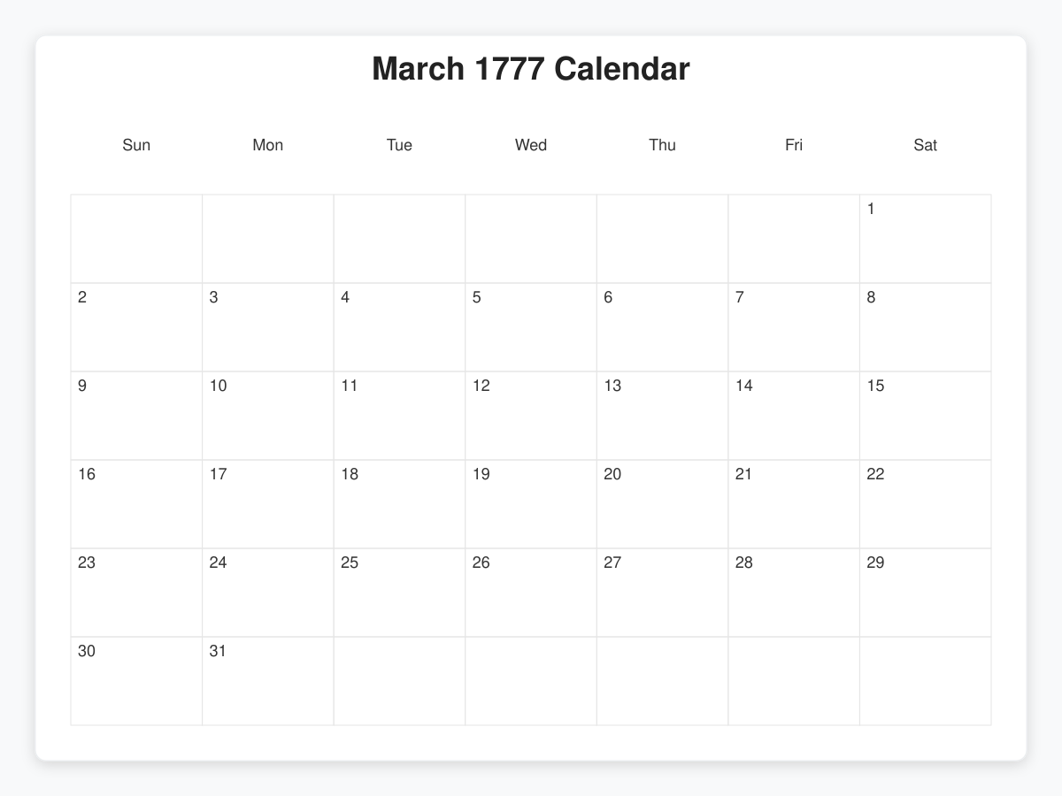 Printable March 1777 Calendars
