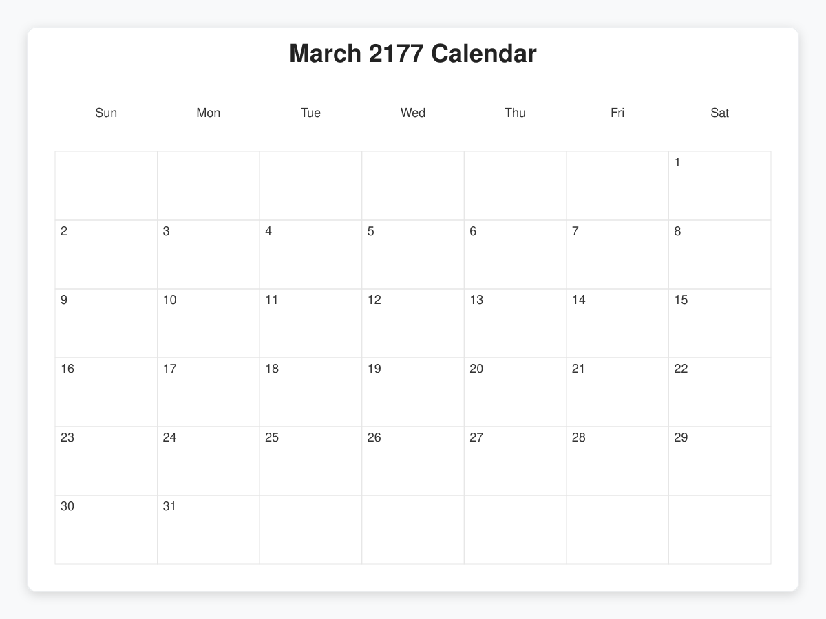 Printable March 2177 Calendars