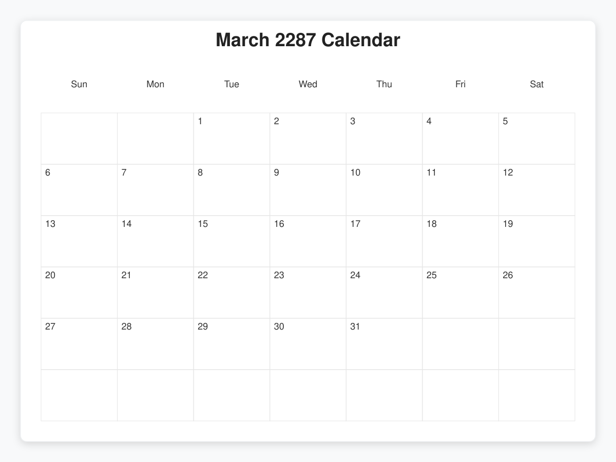 Printable March 2287 Calendars