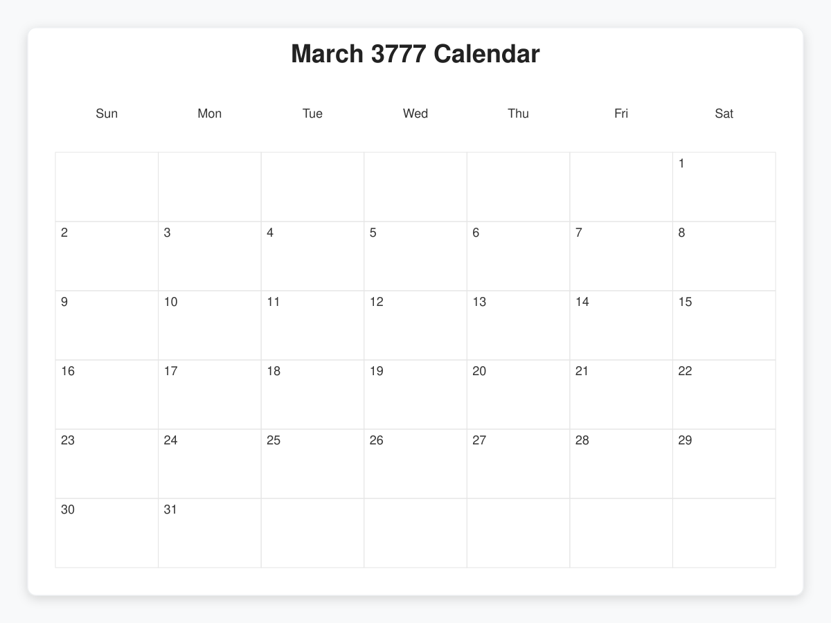Printable March 3777 Calendars