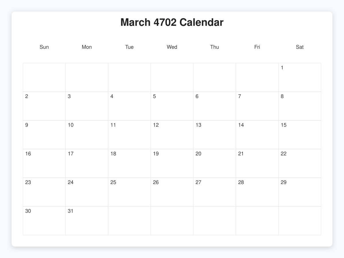 Printable March 4702 Calendars