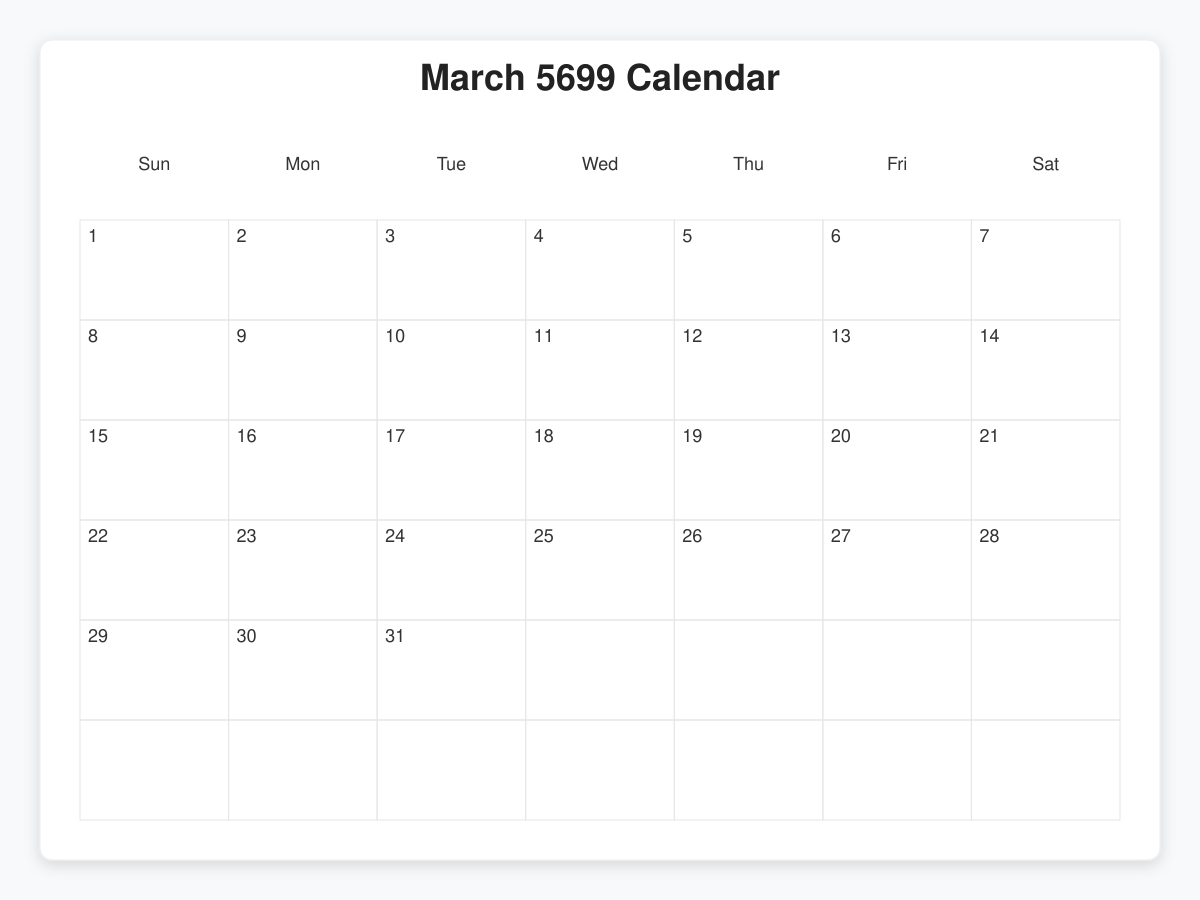Printable March 5699 Calendars