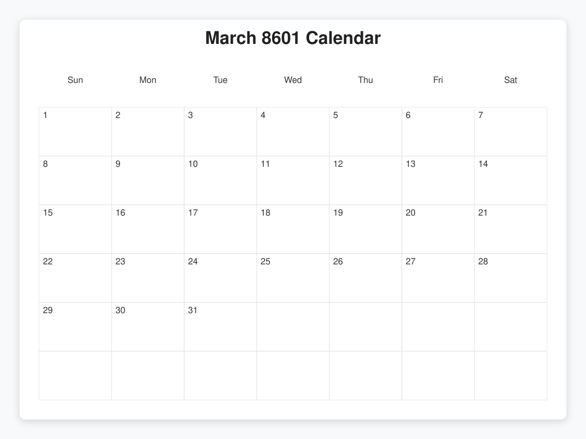 Printable March 8601 Calendars